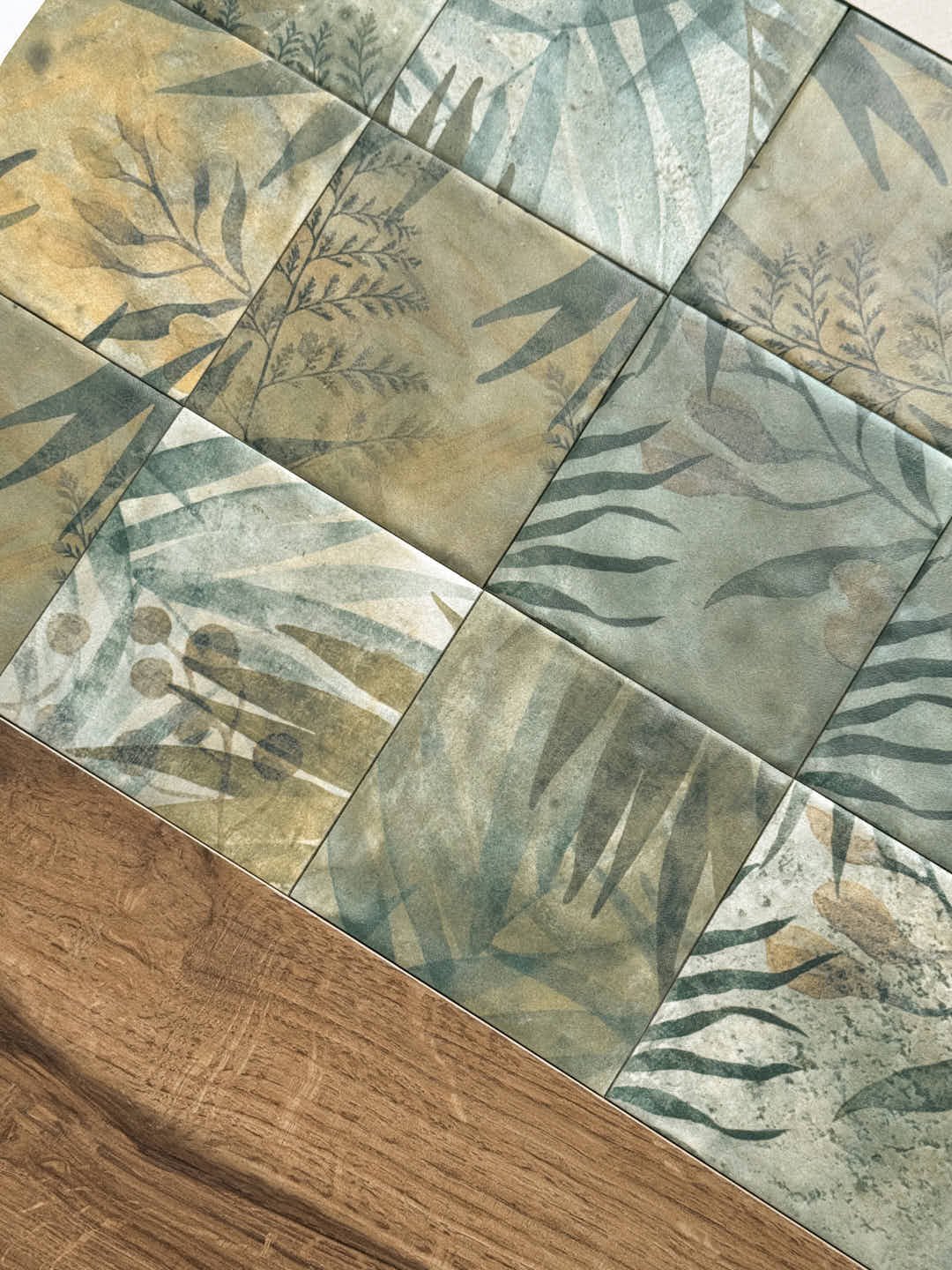 Floral Pattern Square Green Backsplash and Floor Tile